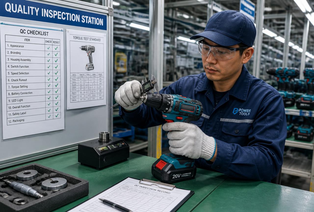 Quality inspection station checking a cordless drill